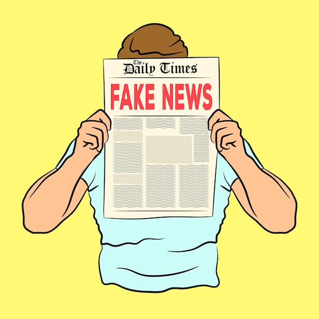 Man reading newspaper with fake news