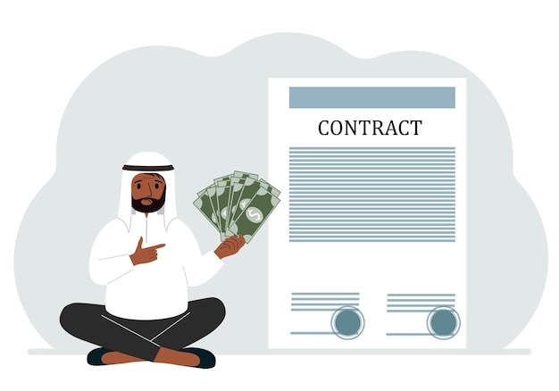 A man receives money for a deal Next to it is a large contract with seals The concept of a financial agreement signing a contract or a deal