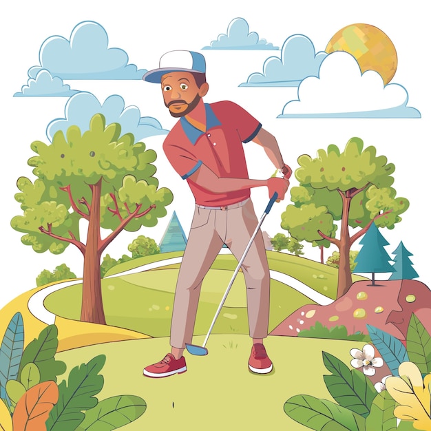 Vector a man in a red shirt and cap is playing golf on a green course