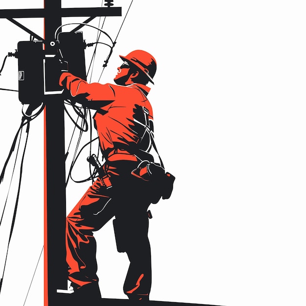 Vector a man in a red shirt and orange pants is working on a power line