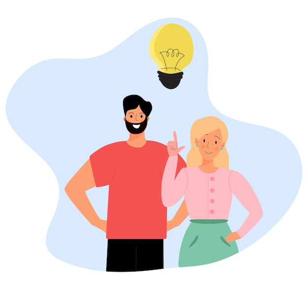 A man in red and a woman in pink came up with an idea The light bulb is glowing Creativity