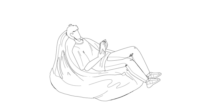 Man Relax On Bean Bag And Playing On Phone Black Line Pencil Drawing Vector. Young Boy Have Leisure Time And Relax On Soft Sofa. Character Freelancer Businessman Relaxing After Work Illustration