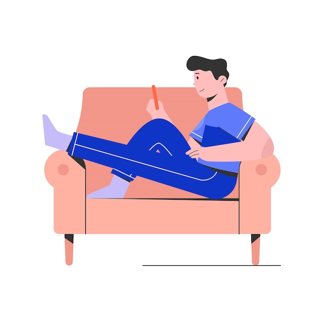 Man relax on sofa and playing smartphone