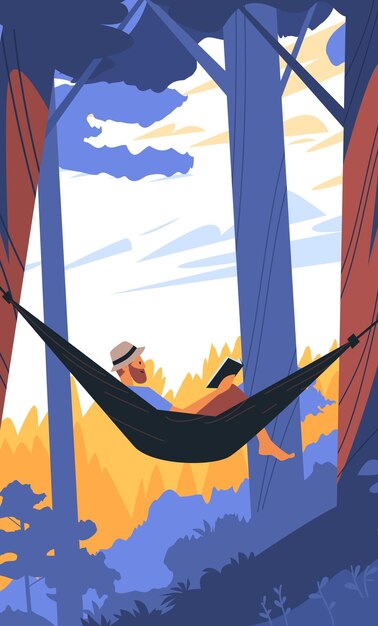 Vector man relaxing in hammock reading book in forest scenic background with trees and sunset colorful flat design