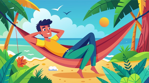 Man Relaxing in a Hammock on a Sunny Beach