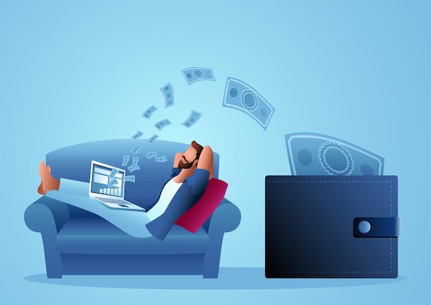 Man relaxing on sofa while money comes out from his laptop