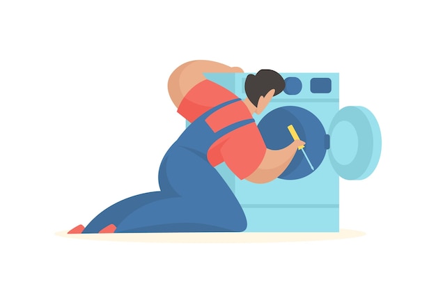 Man repairs washing machine Service professional maintenance