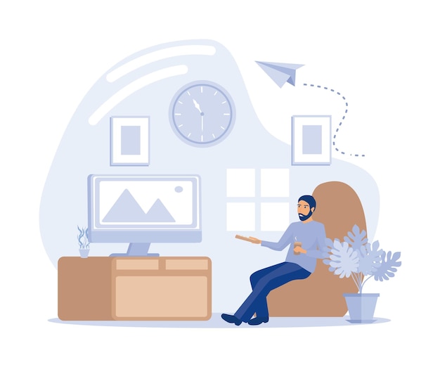 Man resting behind TV at home watching TV and eating snacks daily usual routine action flat vector modern illustration