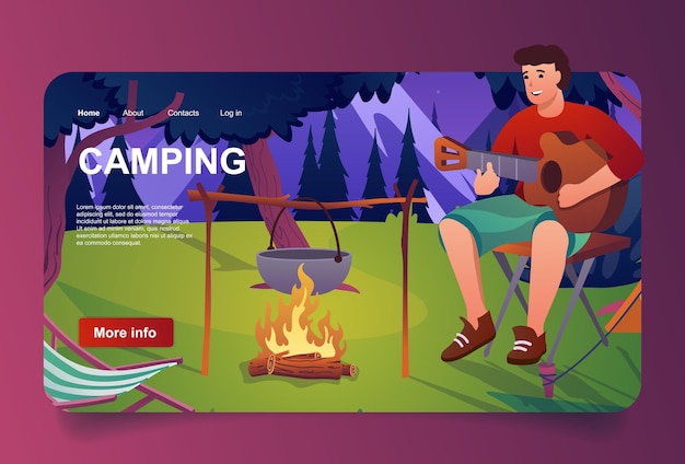 Man rests at camping concept in cartoon design for landing page