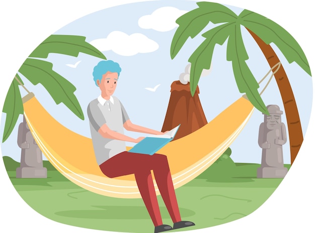 Vector man rests sits on hammock and reads studies book leisure pastime at home or in vacation