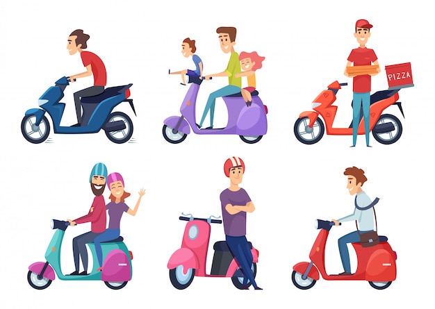 Man ride motorcycle. Fast bike scooter for delivery pizza or food travelers couple driving moped