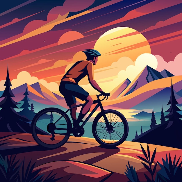 a man rides a bike in front of a mountain landscape