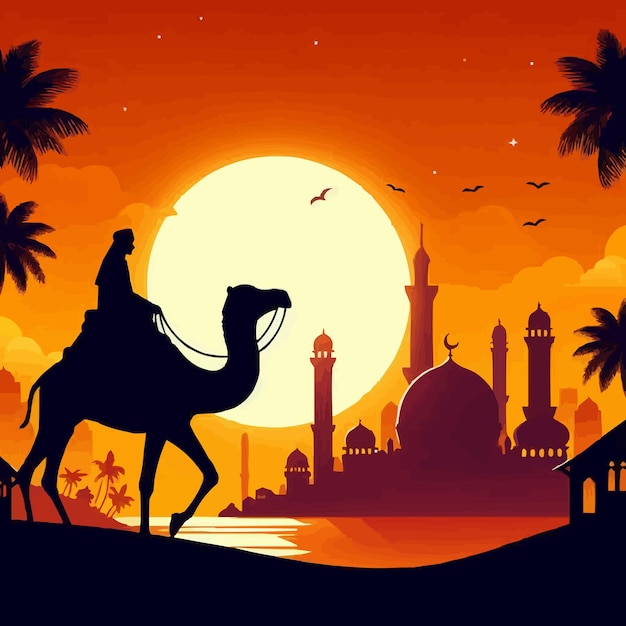 a man rides a camel with a sunset and palm trees in the background