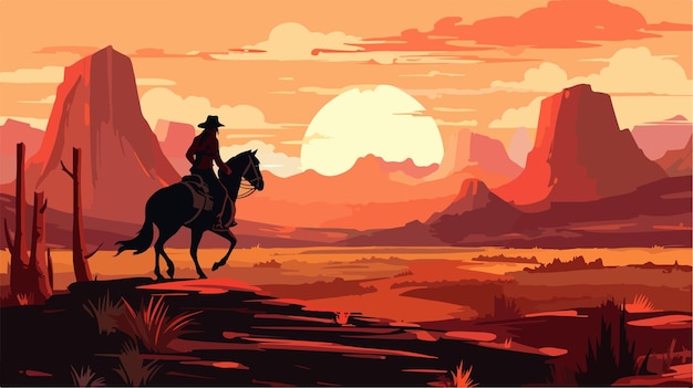 Vector a man rides a horse in a desert landscape