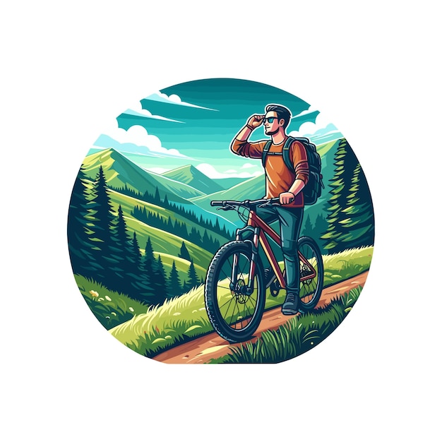 Vector man riding bicycle in mountains boy bicyclist tourist with backpack on bike travel in nature