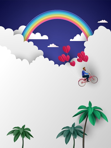 A man riding bicycle to the sky and holding red heart balloons