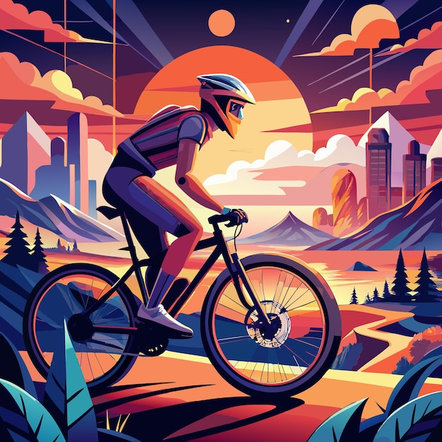 a man riding a bike in a colorful poster with a city in the background