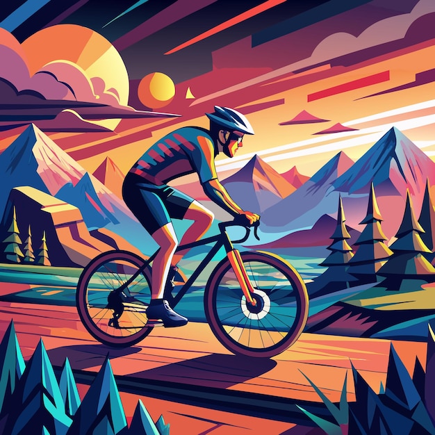 a man riding a bike in a colorful poster with mountains in the background