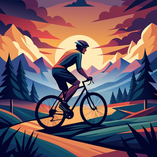 a man riding a bike in the mountains with the sun behind him