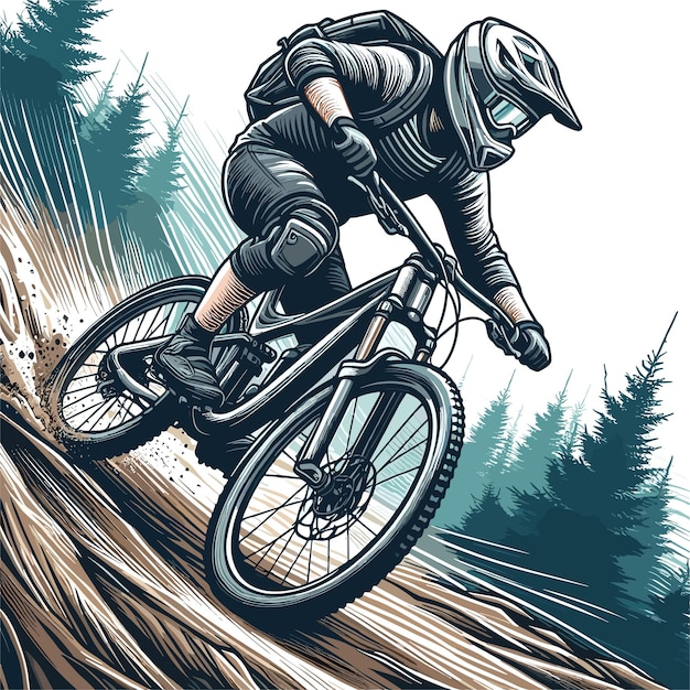 Vector a man riding a bike on a trail with trees extreme downhill mountain bike sport mountain biker off