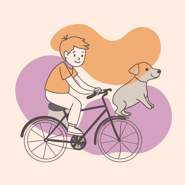 Vector a man riding a bike with a dog and a heart in the background