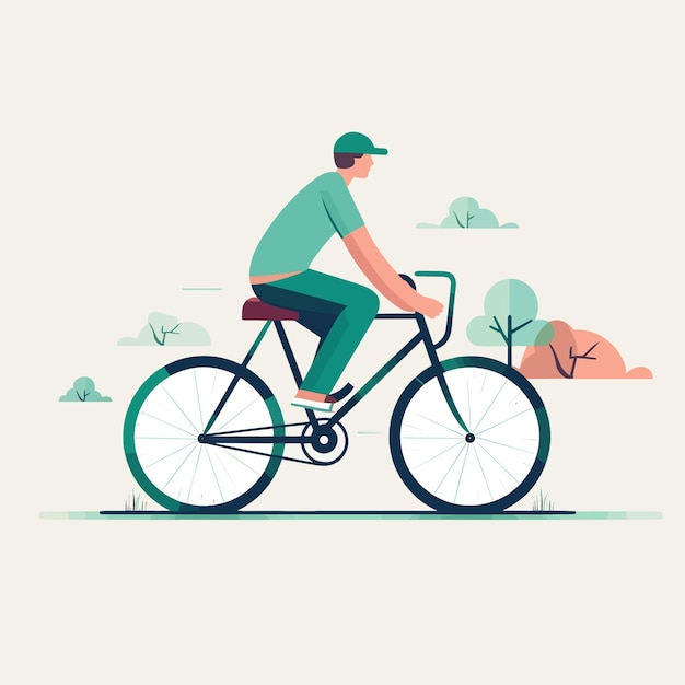 A man riding a bike with a green cap on.