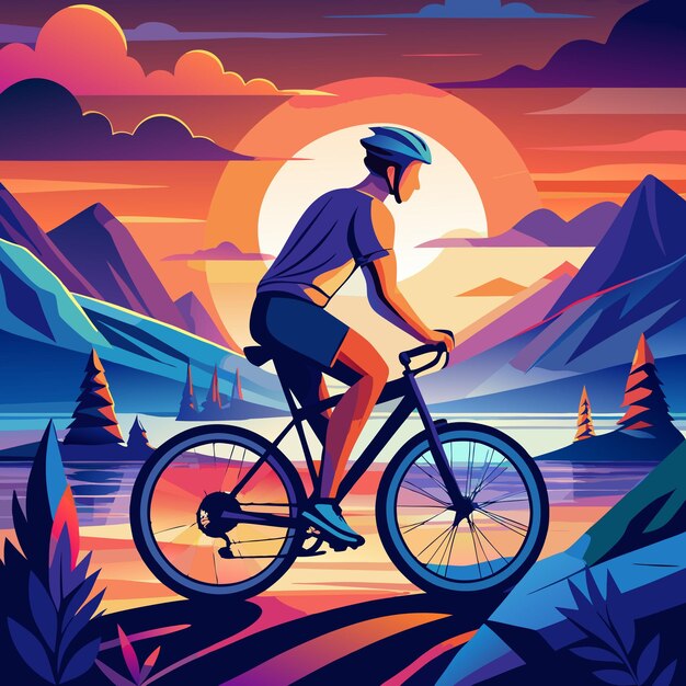 a man riding a bike with mountains in the background