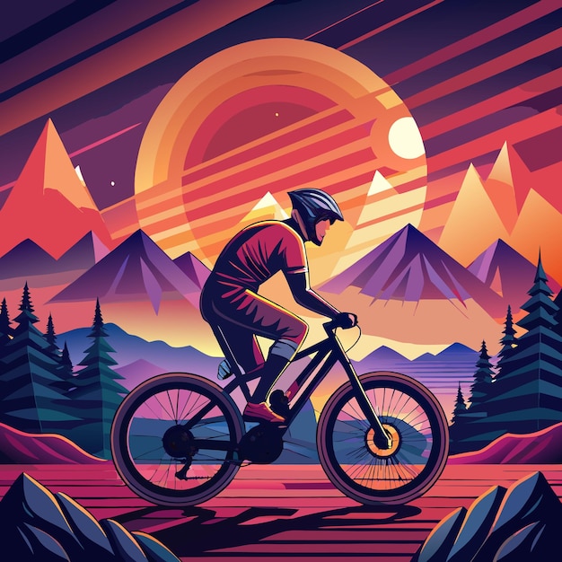 a man riding a bike with mountains in the background