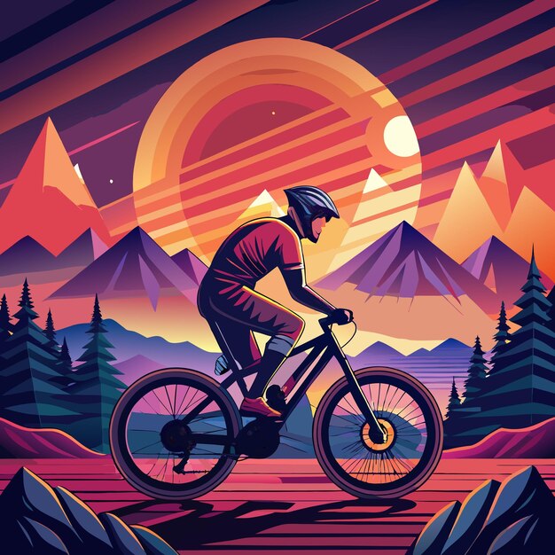 Vector a man riding a bike with mountains in the background