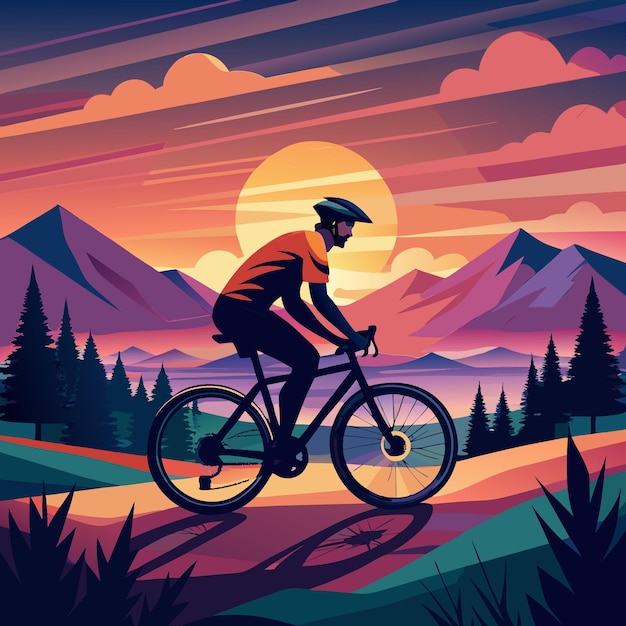 a man riding a bike with mountains in the background