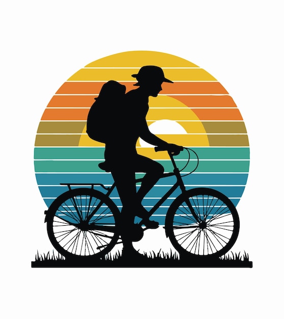 a man riding a bike with a rainbow colored background