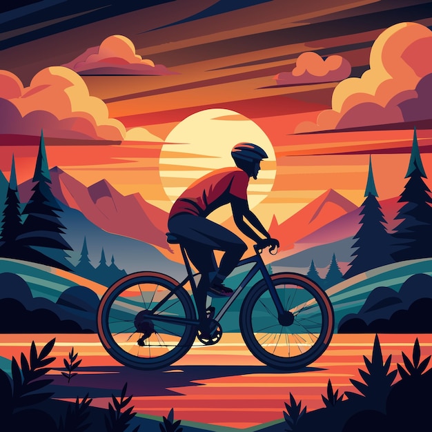 a man riding a bike with a sunset in the background