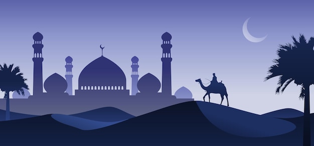 Man riding camel in desert night with mosque and crescent moon, arabia desert landscape night view.