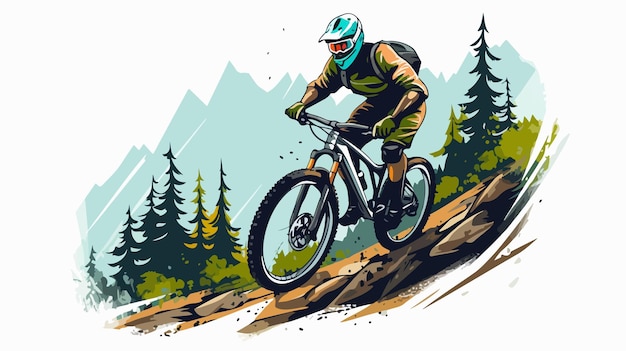 Man Riding Downhill Mountain Bike Vector Illustration