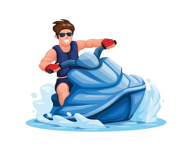 Man riding Jet Ski water sport character cartoon illustration vector