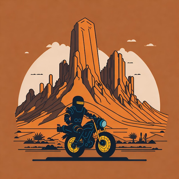 A man riding a motorcycle in the desert with a mountain in the background.