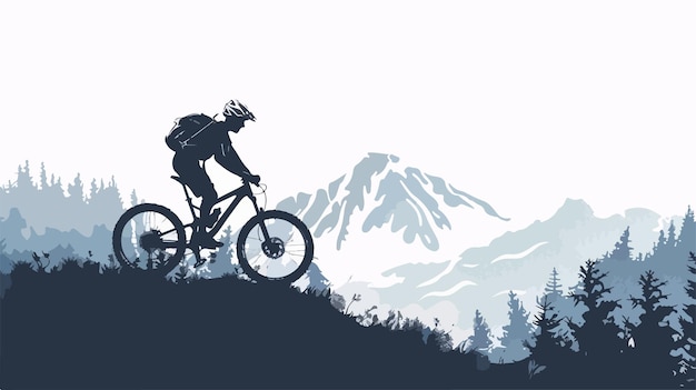 Vector a man riding a mountain bike in front of a mountain range