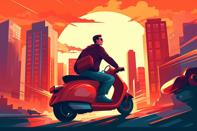 Vector man riding scooter in city