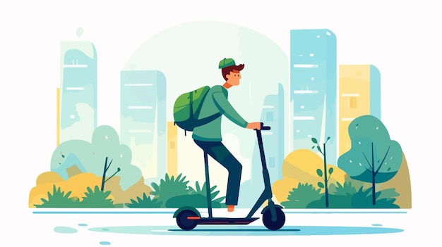 a man riding a scooter with a city in the background