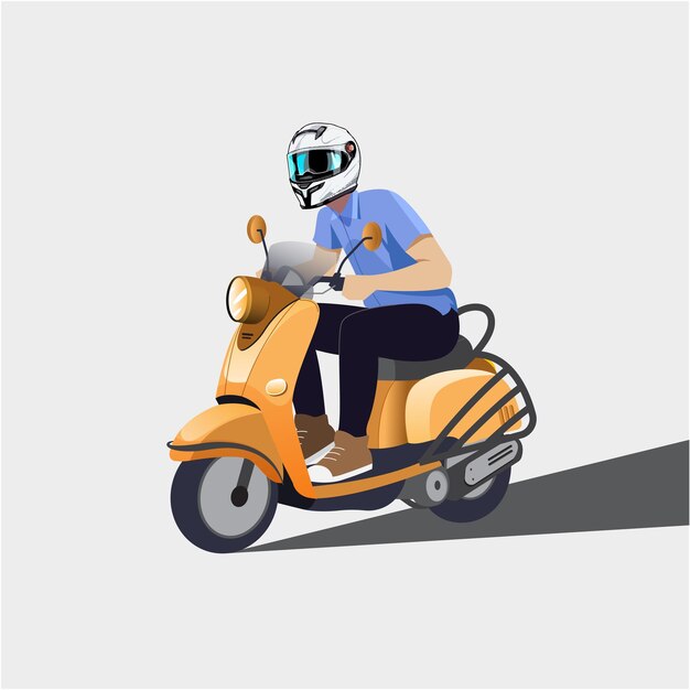 Vector a man riding a scooter with a helmet on boy riding bike with white background