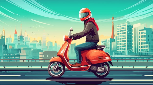 a man riding a scooter with a helmet on the front