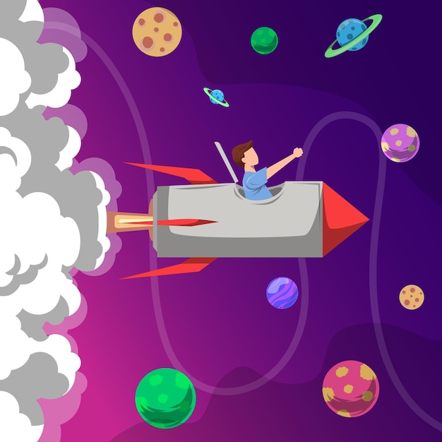 Man on rocket Gradient flat rocket traveling through the galaxy space rocket with flat design