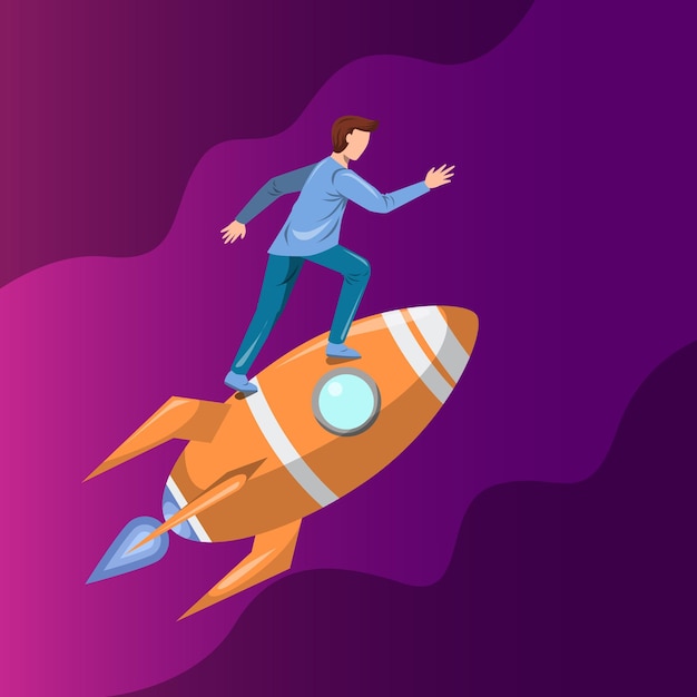 Man on rocket launch space rocket with flat design Gradient flat rocket traveling through the galaxy