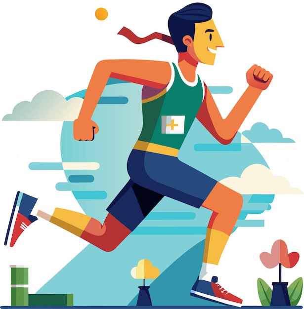 Vector a man running in a colorful poster with a man wearing a green tank top and blue shorts