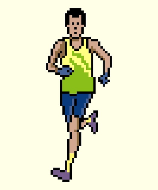 a man running in a marathon with pixel art.