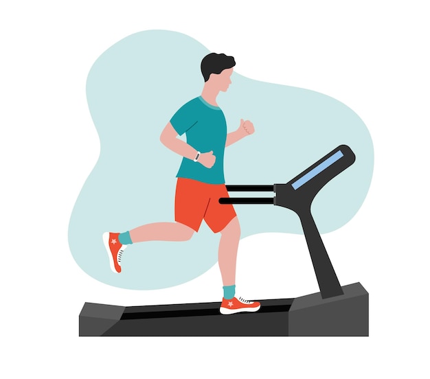 Man running on treadmill Sportsman jogging on fitness equipment Endurance cardio run training Flat vector illustration