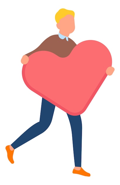 Man running with big heart symbol Guy holding love sign Vector illustration