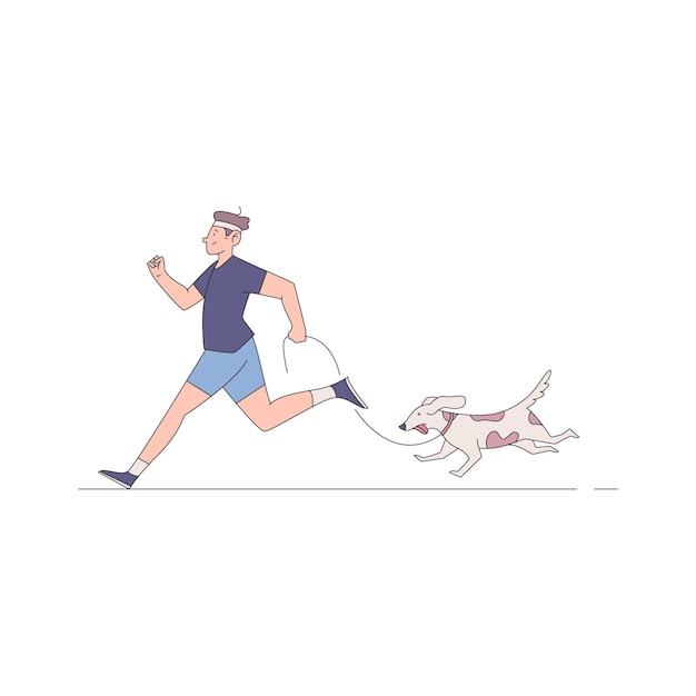 a man running with a bottle of water and a dog