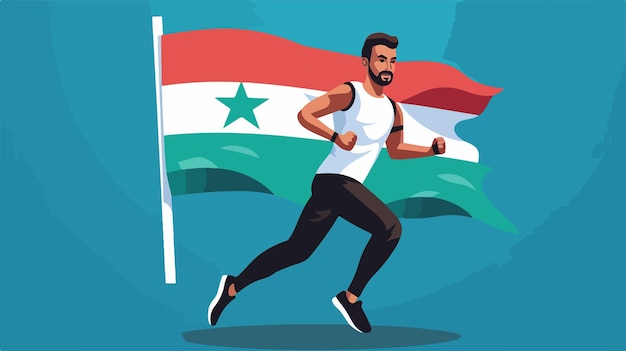 a man running with a flag in the background