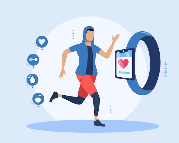 Man running with a smartwatch next to him giving exercise data and heart weights and water icons healthy living concept